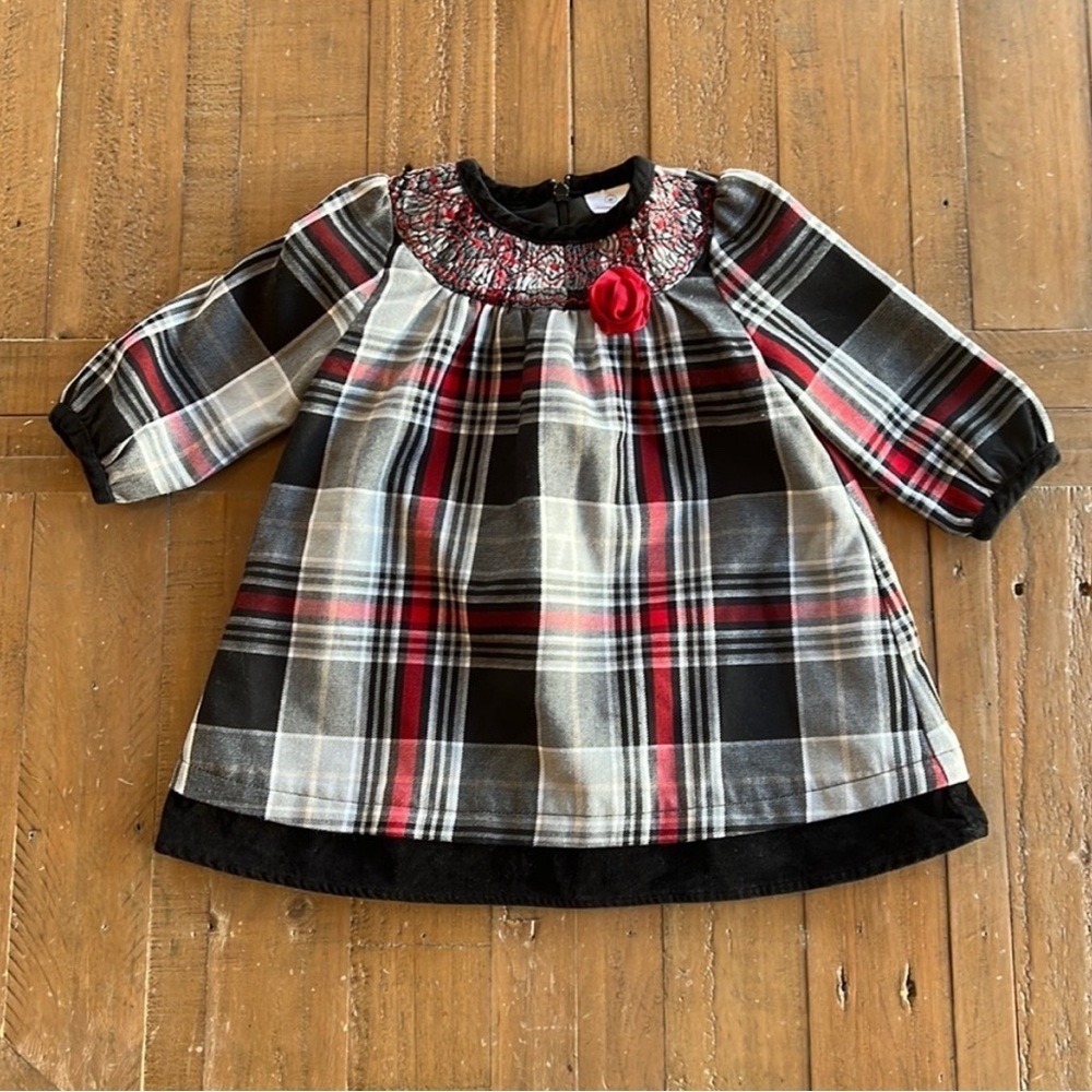 Hanna andersson smocked plaid velvet trim christmas dress